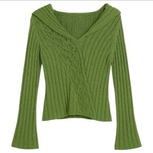 VTG TWIGGY Green Knit Hoodie Sweater Women XL Ribbed Y2K Cottagecore Cozy Cotton